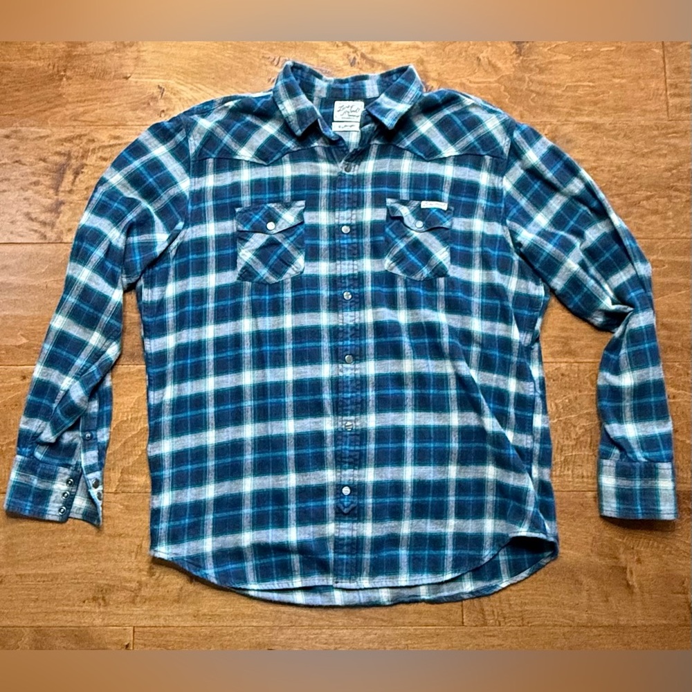 Lucky Brand Pearl Snap Western Flannel Plaid Shirt Blue XL